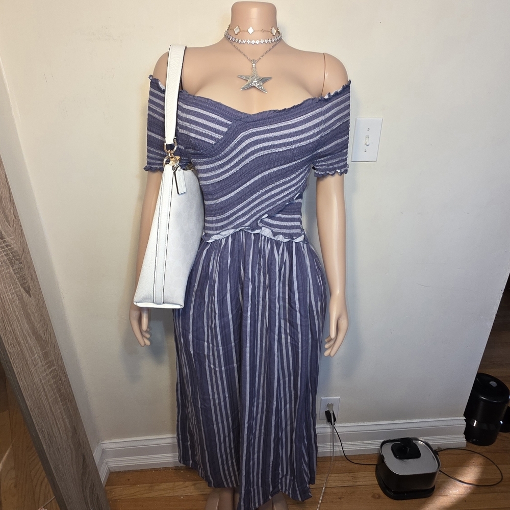 Japna Blue and White Faux Wrap Striped Maxi Dress